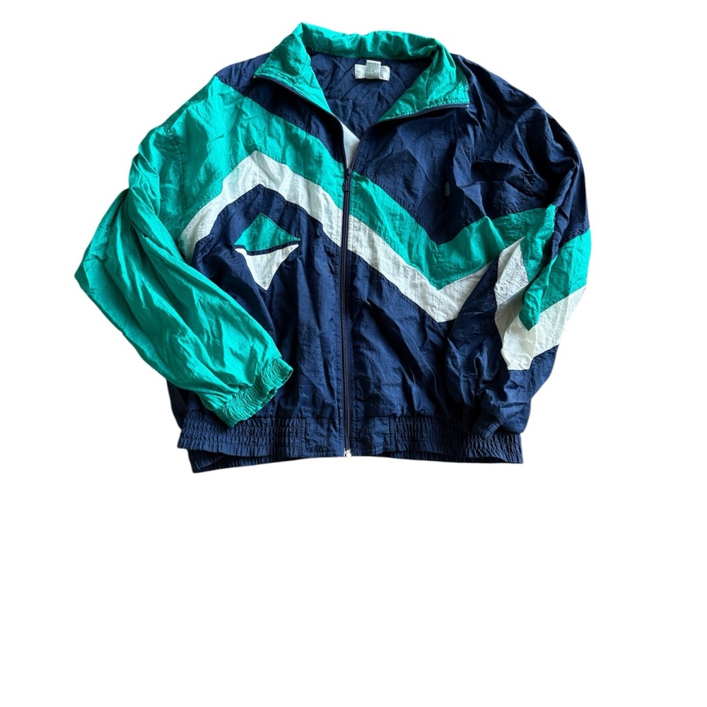 Vintage Bill Blass Navy, Turquoise and White Windbreaker  Jacket, Sz XL